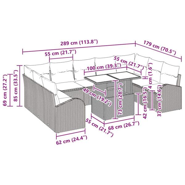 10-teiliges Garten-Sofa-Set mit Kissen Grau Poly-Rattan