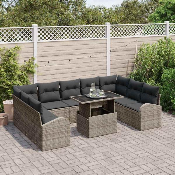 10-teiliges Garten-Sofa-Set mit Kissen Grau Poly-Rattan