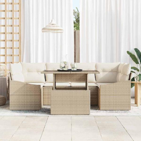 7-teiliges Garten-Sofa-Set mit Kissen Beige Poly-Rattan