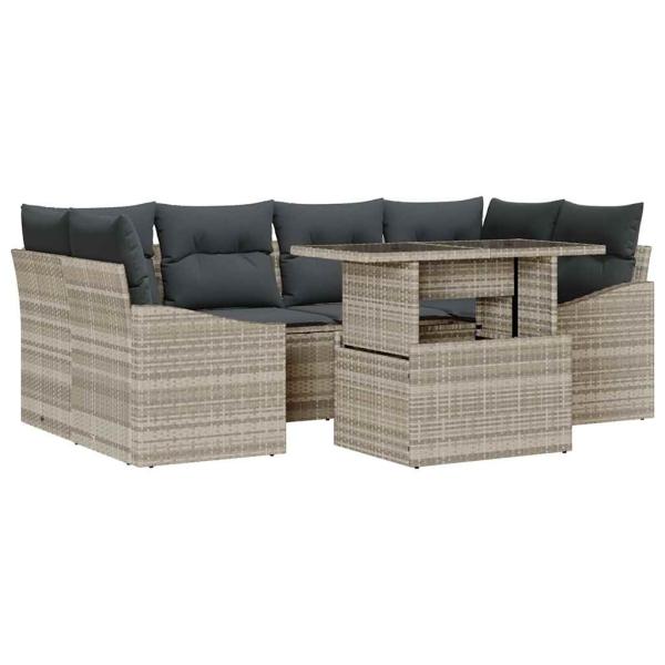 7-teiliges Garten Sofa Set mit Kissen Hellgrau Poly Rattan