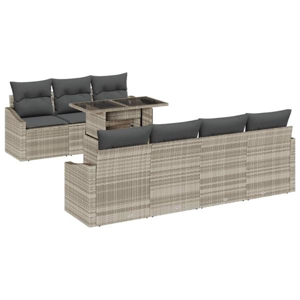 8-teiliges Garten Sofa Set mit Kissen Hellgraues Poly Rattan