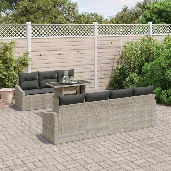 8-teiliges Garten Sofa Set mit Kissen Hellgraues Poly Rattan