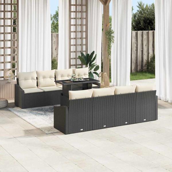 9-teiliges Garten Sofa Set mit Kissen Schwarz Poly Rattan