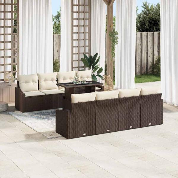 9-teiliges Garten Sofa Set mit Kissen Braun Poly Rattan