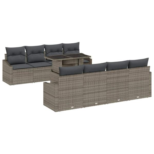 9-teiliges Garten Sofa Set mit Kissen Grau Poly Rattan