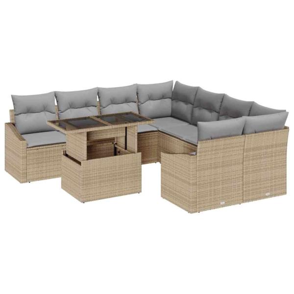 9-teiliges Garten Sofa Set mit Kissen Beige Poly Rattan