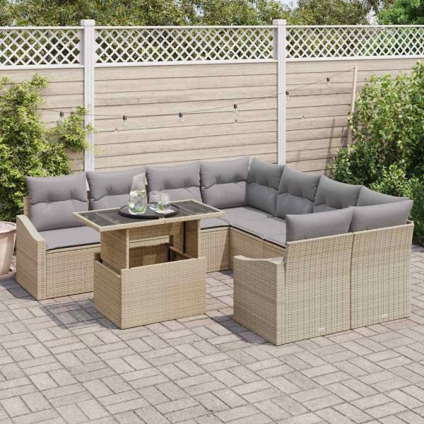 9-teiliges Garten Sofa Set mit Kissen Beige Poly Rattan