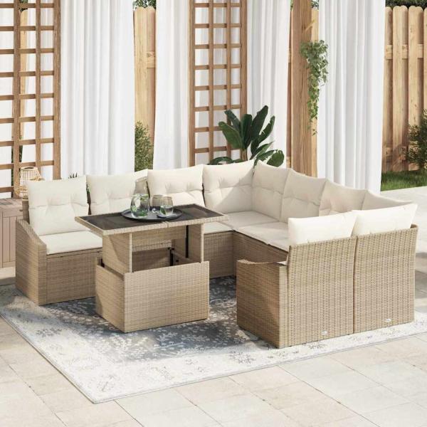 ARDEBO.de - 9-teiliges Garten Sofaset mit Kissen Beige Poly Rattan