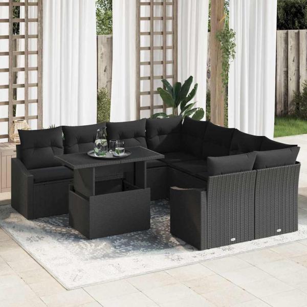 ARDEBO.de - 9-teiliges Garten-Sofa-Set mit Kissen Schwarz Poly-Rattan