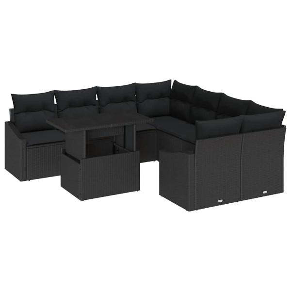 9-teiliges Garten-Sofa-Set mit Kissen Schwarz Poly-Rattan