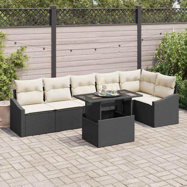 ARDEBO.de - 7-teiliges Garten-Sofa-Set mit Kissen Schwarz Poly-Rattan