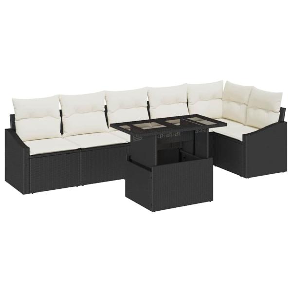 7-teiliges Garten-Sofa-Set mit Kissen Schwarz Poly-Rattan