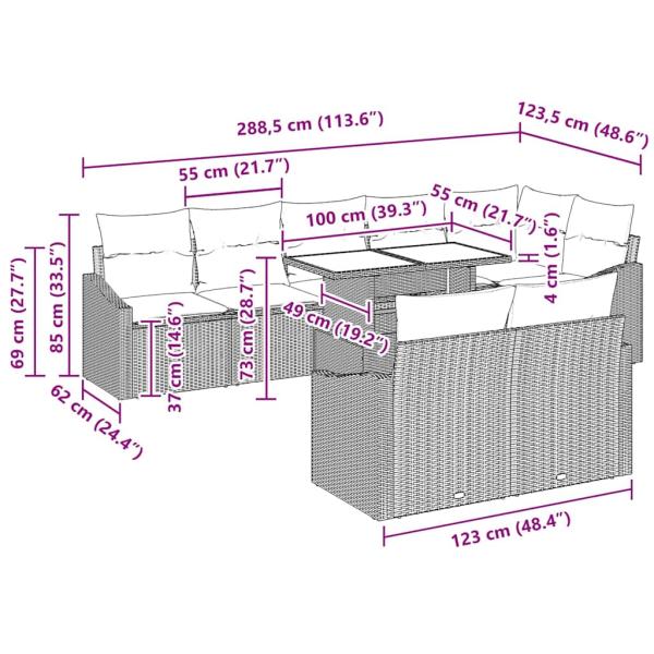 9-teiliges Garten Sofa Set mit Kissen Grau Poly Rattan