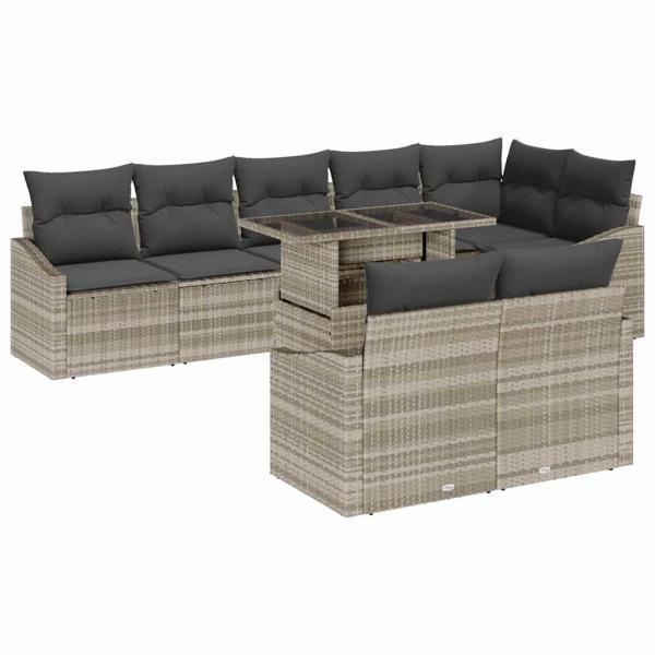 9-teiliges Garten-Sofaset mit Kissen Helles Grau Poly-Rattan