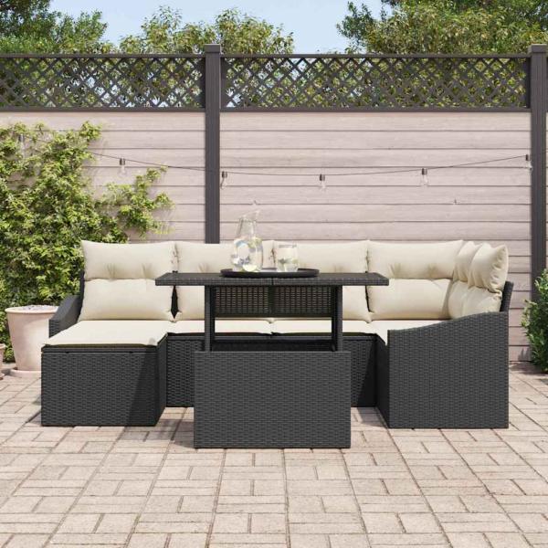 7-teiliges Garten Sofa Set mit Kissen Schwarz Poly Rattan