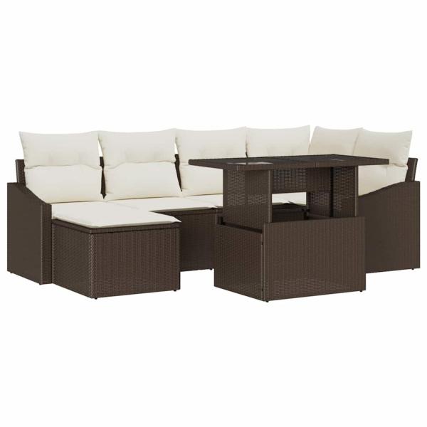 7 Teiliges Garten Sofa Set mit Kissen Braun Poly-Rattan