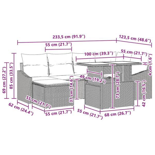 7 Teiliges Garten Sofa Set mit Kissen Braun Poly-Rattan