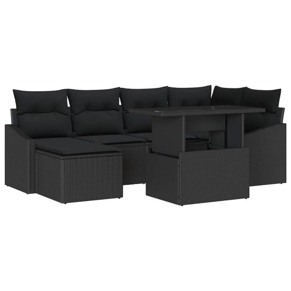 7-teiliges Garten Sofa Set mit Kissen Schwarzes Poly Rattan