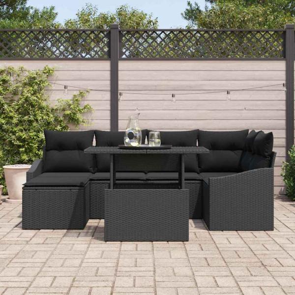 7-teiliges Garten Sofa Set mit Kissen Schwarzes Poly Rattan