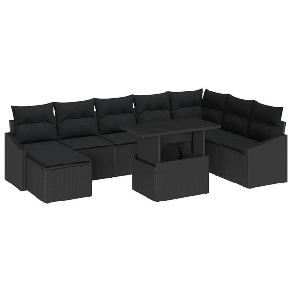 9 teiliges Garten Sofa Set mit Kissen Schwarzes Poly Rattan
