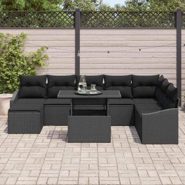 9 teiliges Garten Sofa Set mit Kissen Schwarzes Poly Rattan