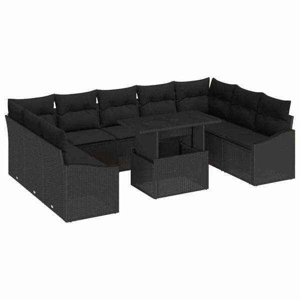 10-teiliges Garten Sofa Set mit Kissen Schwarz Poly Rattan