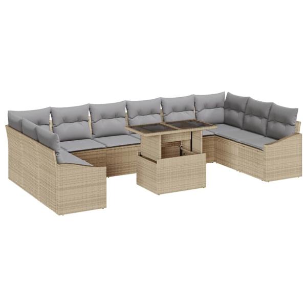 11-teiliges Garten-Sofa-Set mit Kissen Beige Poly Rattan