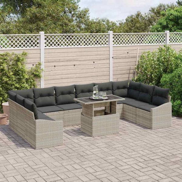 11-teiliges Garten-Sofa-Set mit Kissen aus hellgrauem Poly-Rattan