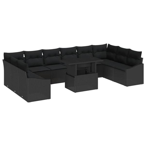 11-teiliges Garten-Sofa-Set mit Kissen in Schwarz aus Poly-Rattan