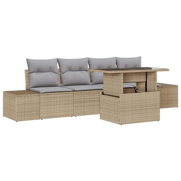 5-teiliges Garten-Sofa-Set mit Kissen - Beiges Poly-Rattan