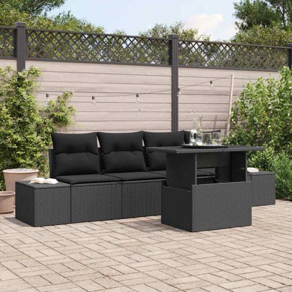 ARDEBO.de - 5-teiliges Garten-Sofa-Set mit Kissen Schwarz Poly Rattan
