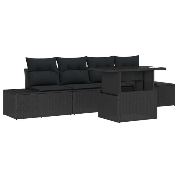 5-teiliges Garten-Sofa-Set mit Kissen Schwarz Poly Rattan