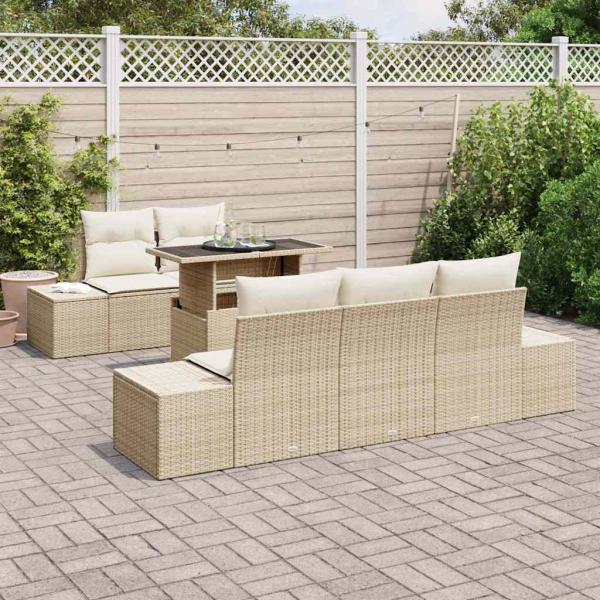 6-teiliges Garten Sofa Set mit Kissen Beiges Poly Rattan