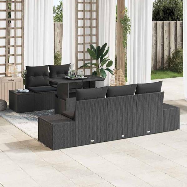 ARDEBO.de - 6-teiliges Garten Sofa Set mit Kissen Schwarz Poly Rattan