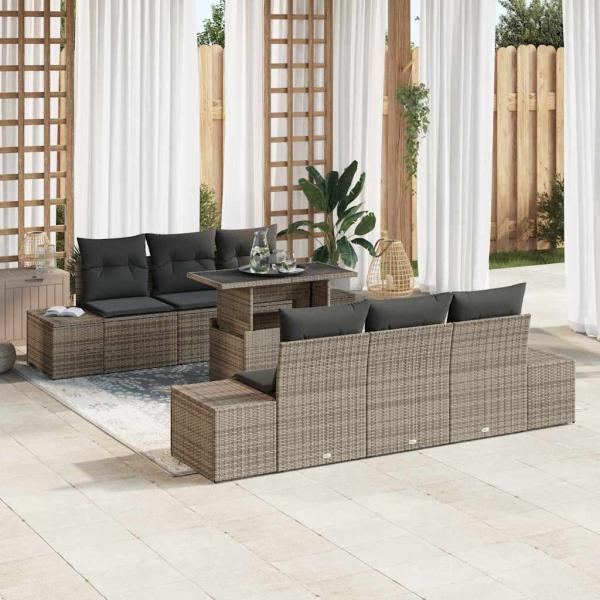 ARDEBO.de - 7-teiliges Garten-Sofa-Set mit Kissen Grau Poly-Rattan
