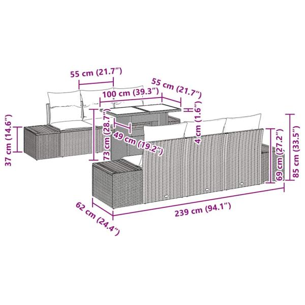 7-teiliges Garten-Sofa-Set mit Kissen Grau Poly-Rattan