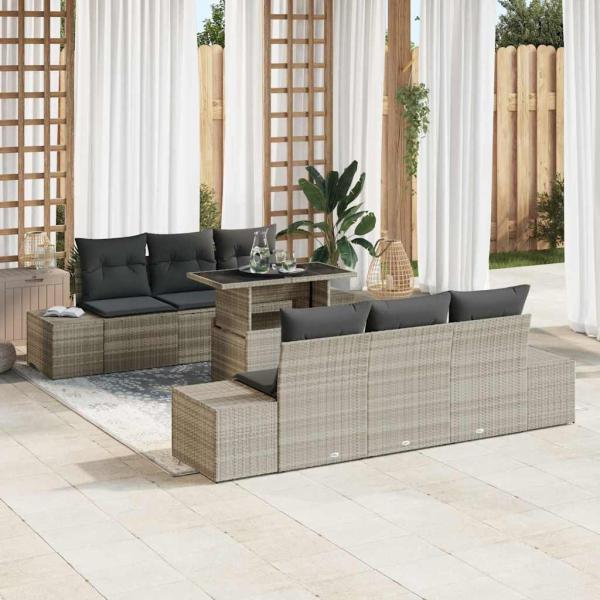 ARDEBO.de - 7-teiliges Garten-Sofa-Set mit Kissen in Hellgrauem Poly-Rattan
