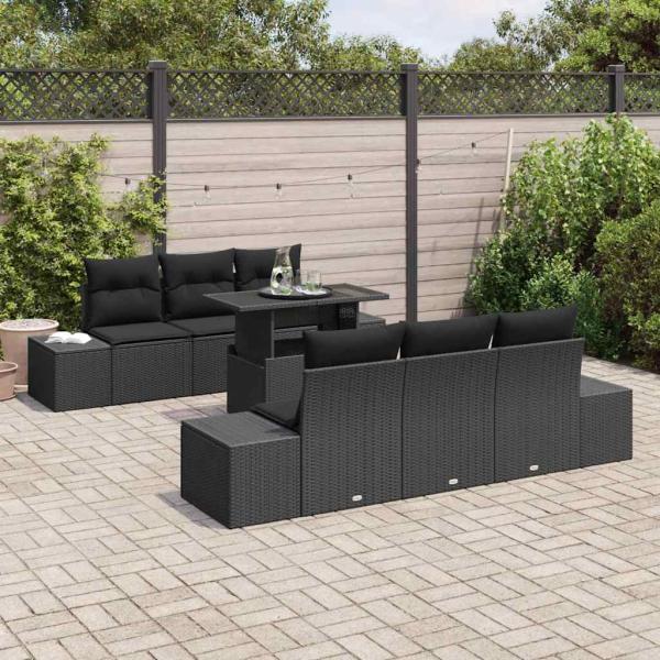7-teiliges Garten Sofa Set mit Kissen Schwarz Poly-Rattan