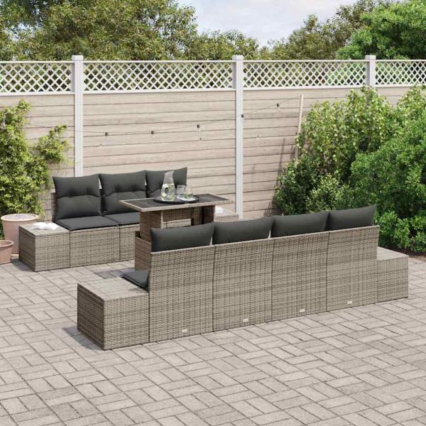 8-teiliges Garten-Sofa-Set mit Kissen Grau Poly-Rattan
