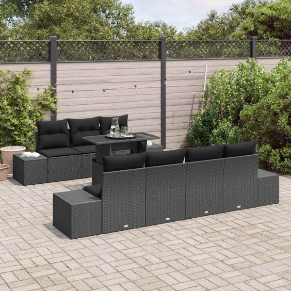 8-teiliges Garten Sofa Set mit Kissen Schwarz Poly Rattan