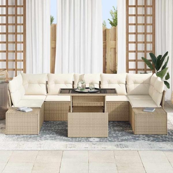 8-teiliges Garten Sofa Set mit Kissen Beige Poly Rattan