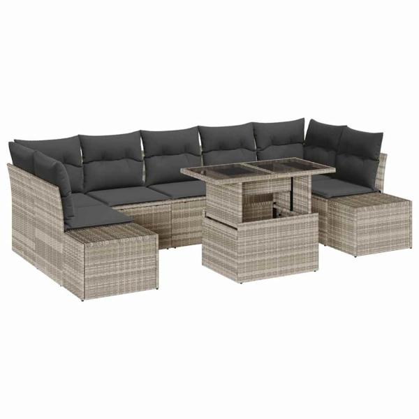 8-teiliges Garten Sofa Set mit Kissen Hellgrau Poly-Rattan