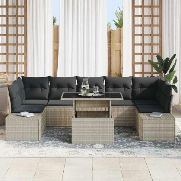 8-teiliges Garten Sofa Set mit Kissen Hellgrau Poly-Rattan