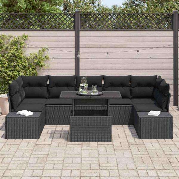 8-teiliges Garten-Sofa-Set mit Kissen Schwarz Poly-Rattan