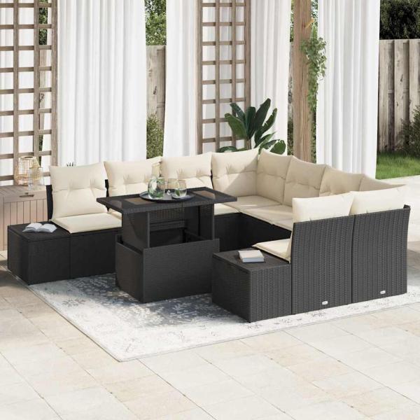 ARDEBO.de - 9-teiliges Garten Sofa Set mit Kissen schwarzes Poly Rattan