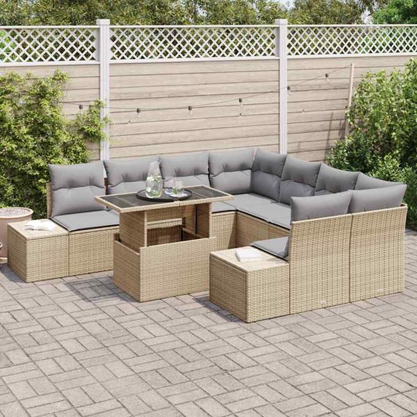 9-teiliges Garten-Sofa-Set mit Kissen Beige Poly Rattan