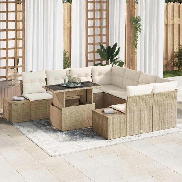 ARDEBO.de - 9-teiliges Garten Sofa Set mit Kissen Beige Poly Rattan
