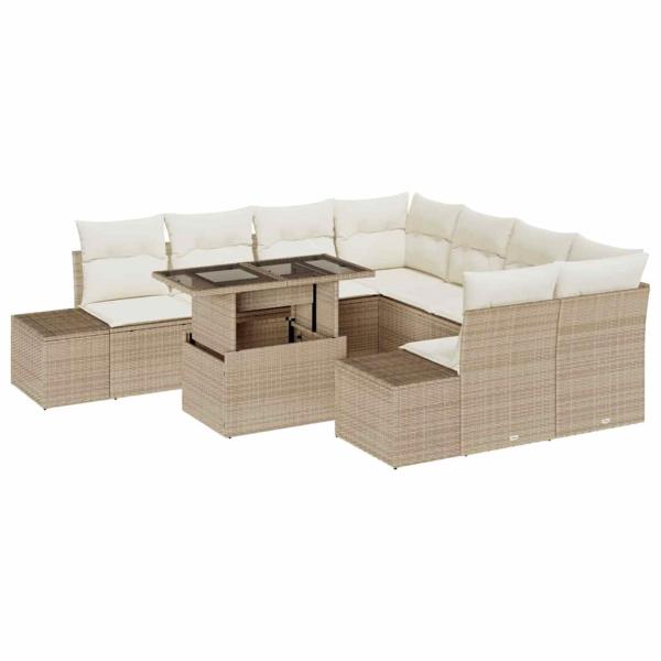 9-teiliges Garten Sofa Set mit Kissen Beige Poly Rattan