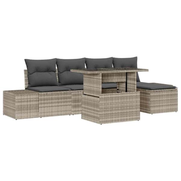 6-teiliges Garten-Sofa-Set mit Kissen in Hellgrau aus Poly-Rattan