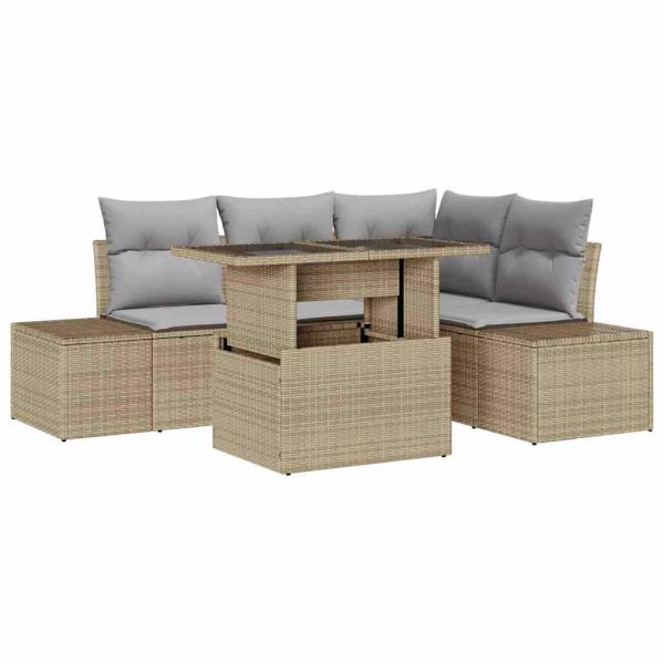 5-teiliges Garten Sofa Set mit Kissen Beige Poly Rattan